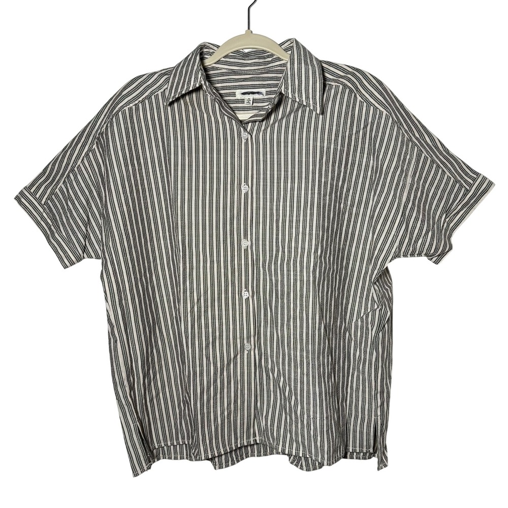 MAX Studio Striped Collared Button Up Short Sleeve Shirt Womens Size Medium